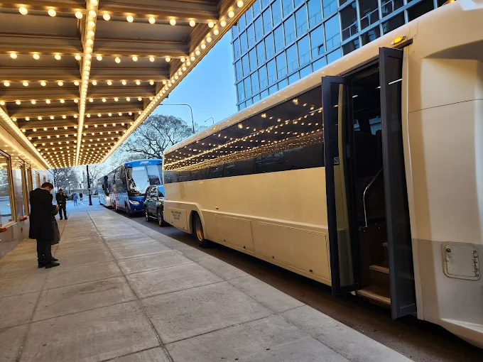 Party bus standing infron of chicago event venue